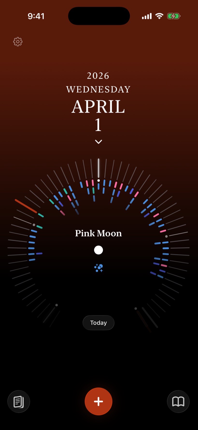 Vael home screen in dark mode showing the date wheel and the Pink Moon