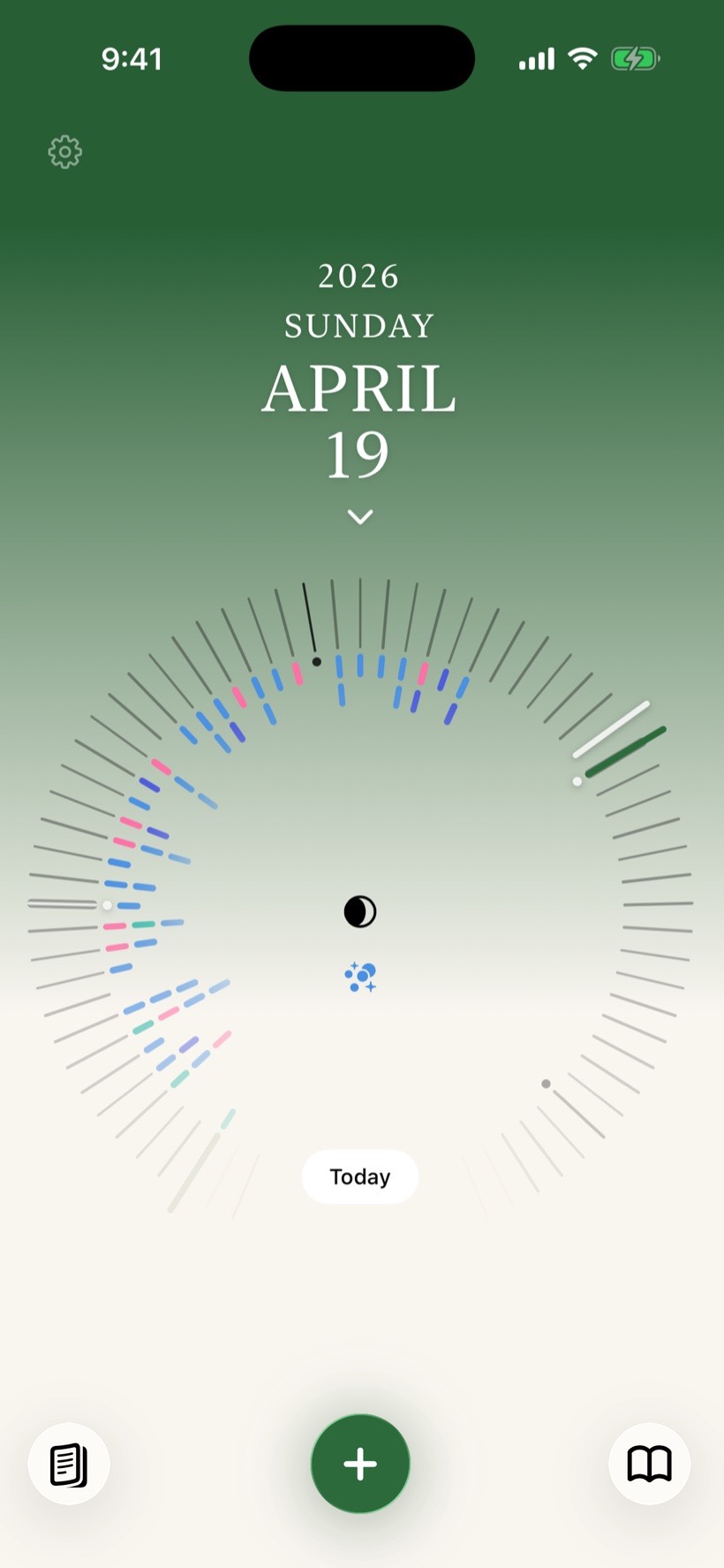 Vael home screen in light mode showing the date wheel for April 19