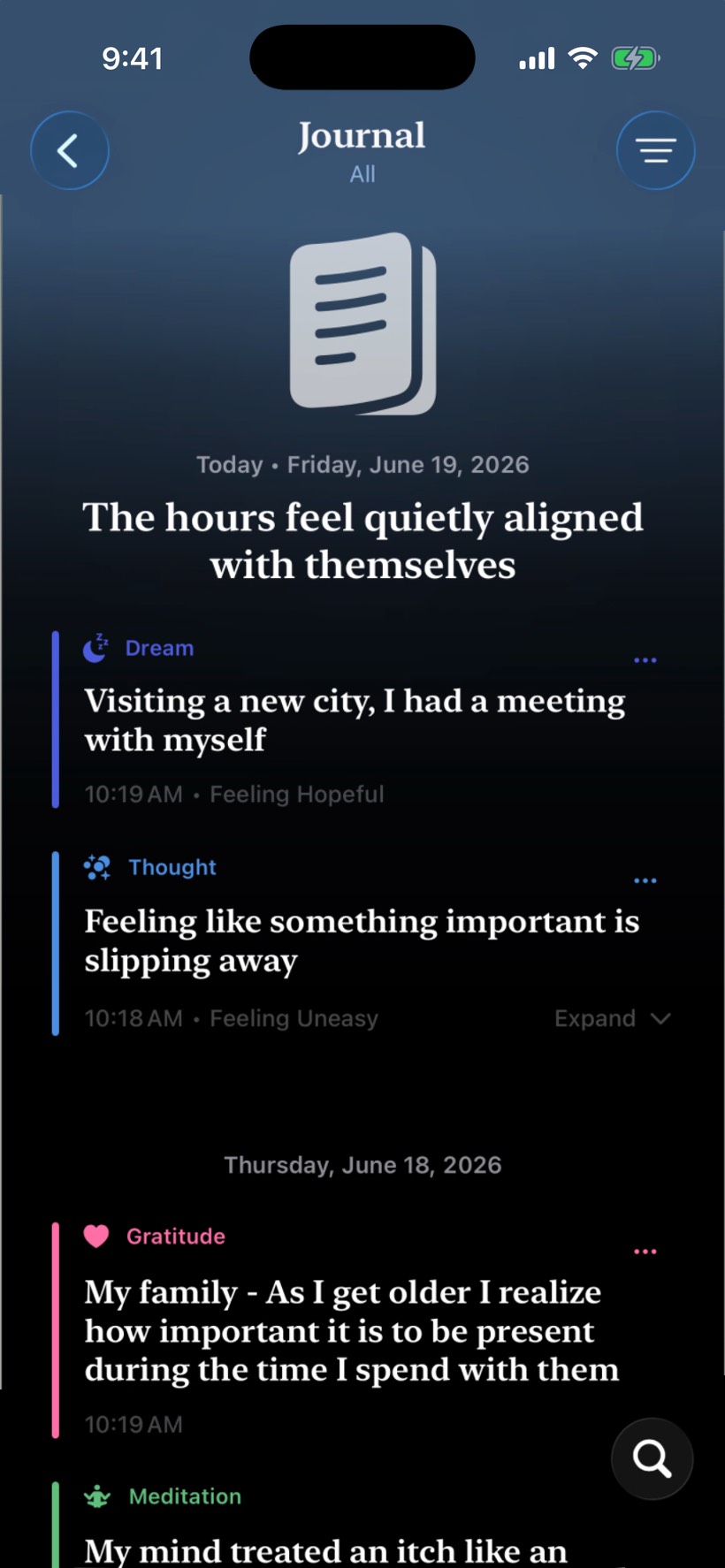 Vael journal feed showing thought, dream, and gratitude entries grouped by day